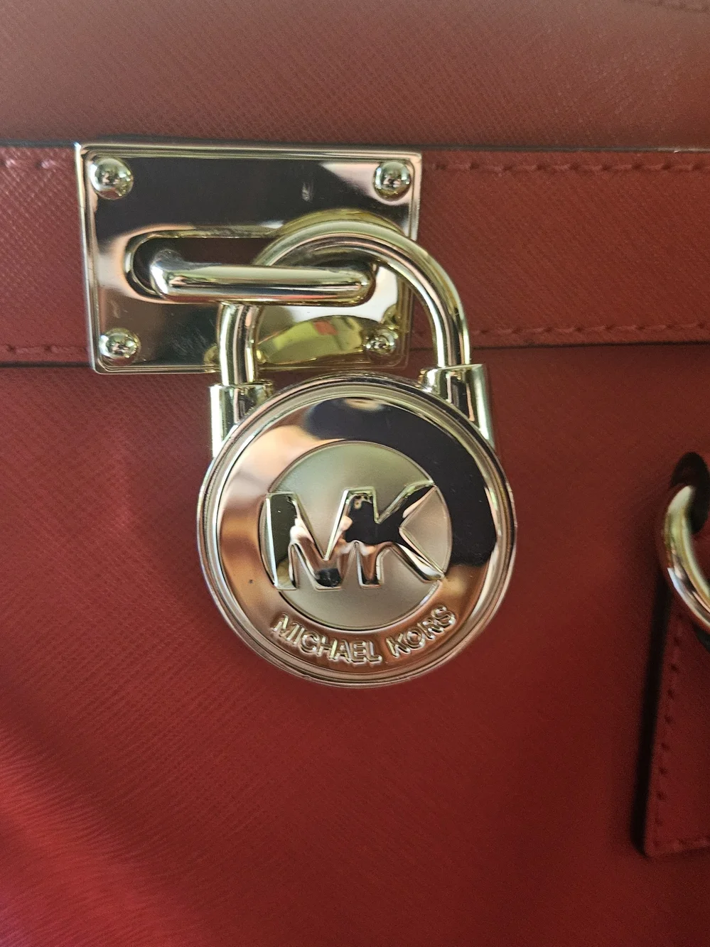 Michael Kors Red/Orange Leather Tote with Gold MK Medallion